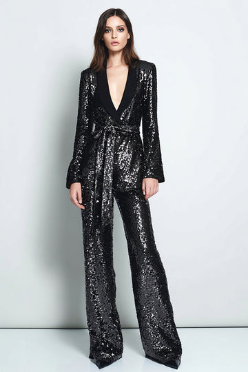 Paillettes noires scintillantes 2 pièces châle revers femmes bal costumes